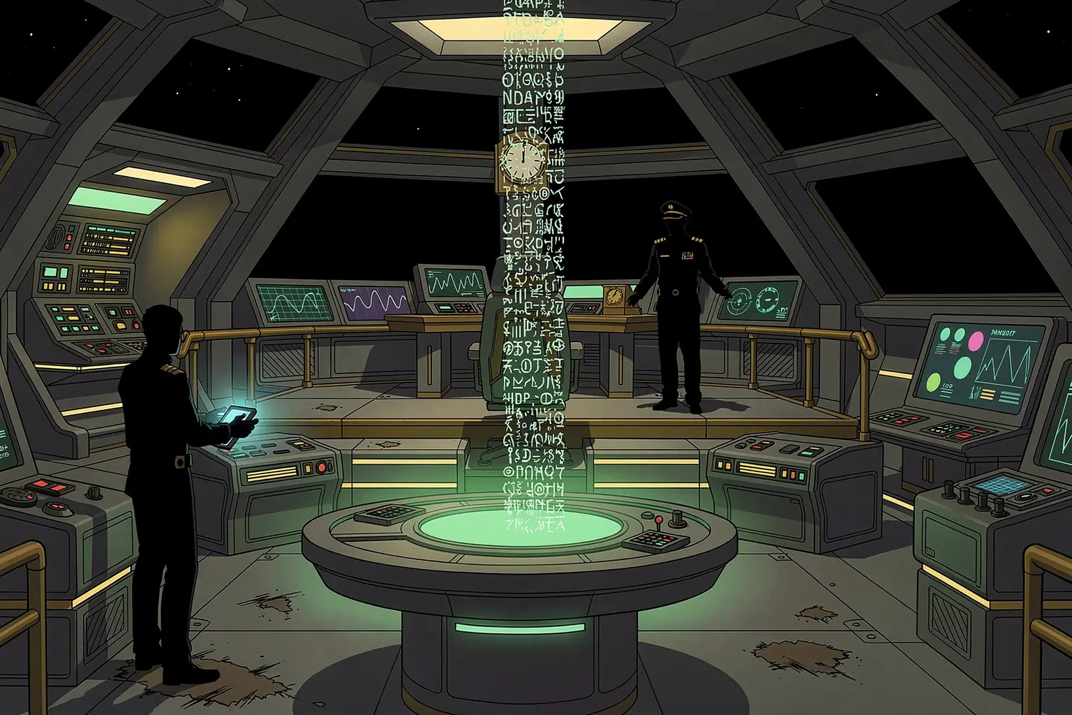 On the Archimedes bridge, Mirza and Demir face a holo column of unparsed signal noise while ARIA's waveform ripples on a side screen.
